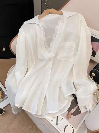 1pc Solid Color Polyester Lace Patchwork Front Button Pocket Women Shirt, Suitable For Vacation, Holiday, Office, Home Wear, Spring, Summer, Autumn White