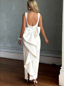 Đầm dạ hội lãng mạn thanh lịch cho kỳ nghỉ lễ, đầm dự tiệc Giáng sinh, đầm dự tiệc hở lưng gợi cảm đính ngọc trai giả và nơ cho nữ màu trắng mùa hè - trắng - Xem 2