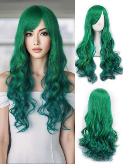 26 Inch Green Water Wave Bangs Wig, Suitable For Party Or Cosplay
