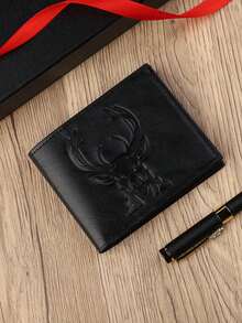 1pc Men's Vintage Embossed Deer Head Short Thin Bifold Wallet Card Holder - Multicolor - View 3