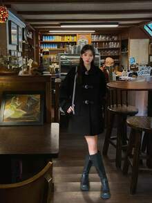 女士纯色翻领长袖宽松休闲高档羊毛大衣，秋冬款 - 黑色 - 查看 3