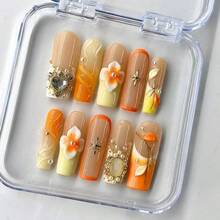 DiDazzle 10 PCS Handmade Square Press - On Nails | Gem Nails With Acrylic Exquisite Details, Gem Frame & Star Embellishments & Elegant Styles - 橘色 - 查看 8