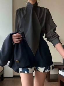 大码女士优雅长袖衬衫，领口饰有蝴蝶结 - 半透明纯色上衣，适合办公室和休闲场合穿着，四季皆宜，可作正式着装，无弹力面料，经典款式，精致面料，时尚达人春季黑色款 - 黑色 - 查看 3