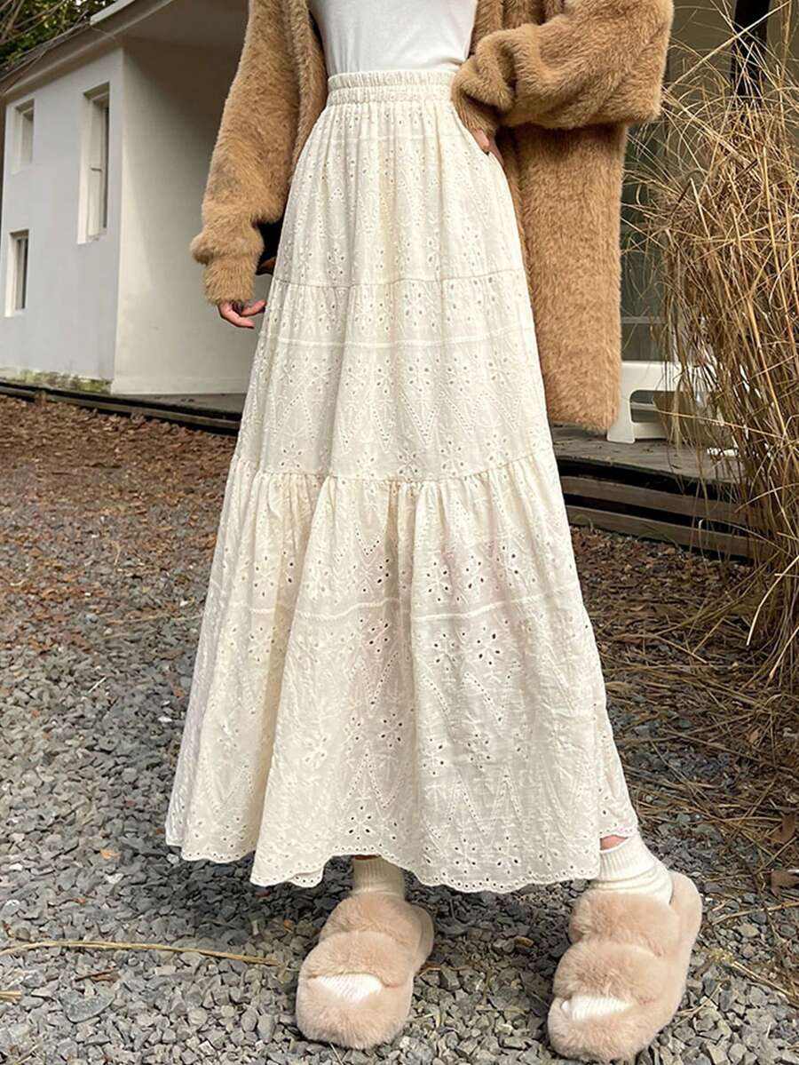 日韩女式校服半身裙，白色镂空提花蛋糕裙，四季A字长裙，Y2K风格女装，仙女超感系带半身裙，伞裙