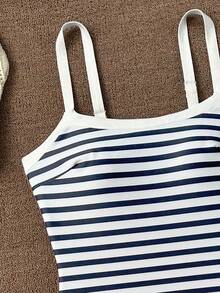 Áo tắm liền thân dây mảnh đen trắng kẻ sọc dành cho nữ, có chức năng nâng đỡ vòng bụng, thích hợp cho mùa hè đi biển, dự tiệc, áo tắm liền thân cho kỳ nghỉ năm 2026 dành cho nữ. - sọc - Xem 4