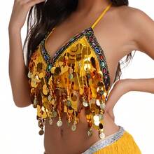 Top de Dança do Ventre, Top Cropped Tubular com Lantejoulas e Glitter com Pingente de Moeda para Mulheres, Sutiã de Dança do Ventre, Acessórios de Fantasia Cinto de Quadril Brilhante para Show de Palco