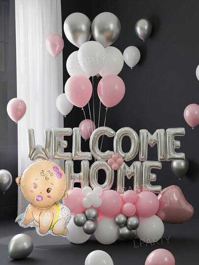 55pcs/Set Postpartum Discharge Surprise Party Decoration Balloons, Welcome Home Decoration Balloon Set, Warm Scene Decoration, Ritual Gift, Welcome New Family Member Balloon Set, Postpartum Mom's Homecoming Party Decoration, Warm Scene Decoration Props, 16 Inch Silver Letter "Welcome Home" Foil Balloon, 10 Inch Pink/Blue Latex Balloons