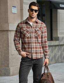 Flannel Shirt For Men Cotton Long Sleeve Plaid Shirt Lightweight Button Up Checkered Shirt Jacket With 2 Pockets - 棕色 - 查看 3