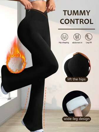 1 pieza Pantalones acampanados de cintura alta, Leggings deportivos casuales de invierno para mujer, Diseño de cintura cruzada, Pantalones ajustados de moda retro cálidos y cómodos, Pantalones básicos ajustados con forro térmico grueso, Adecuados para deportes al aire libre, Cintura elástica gruesa