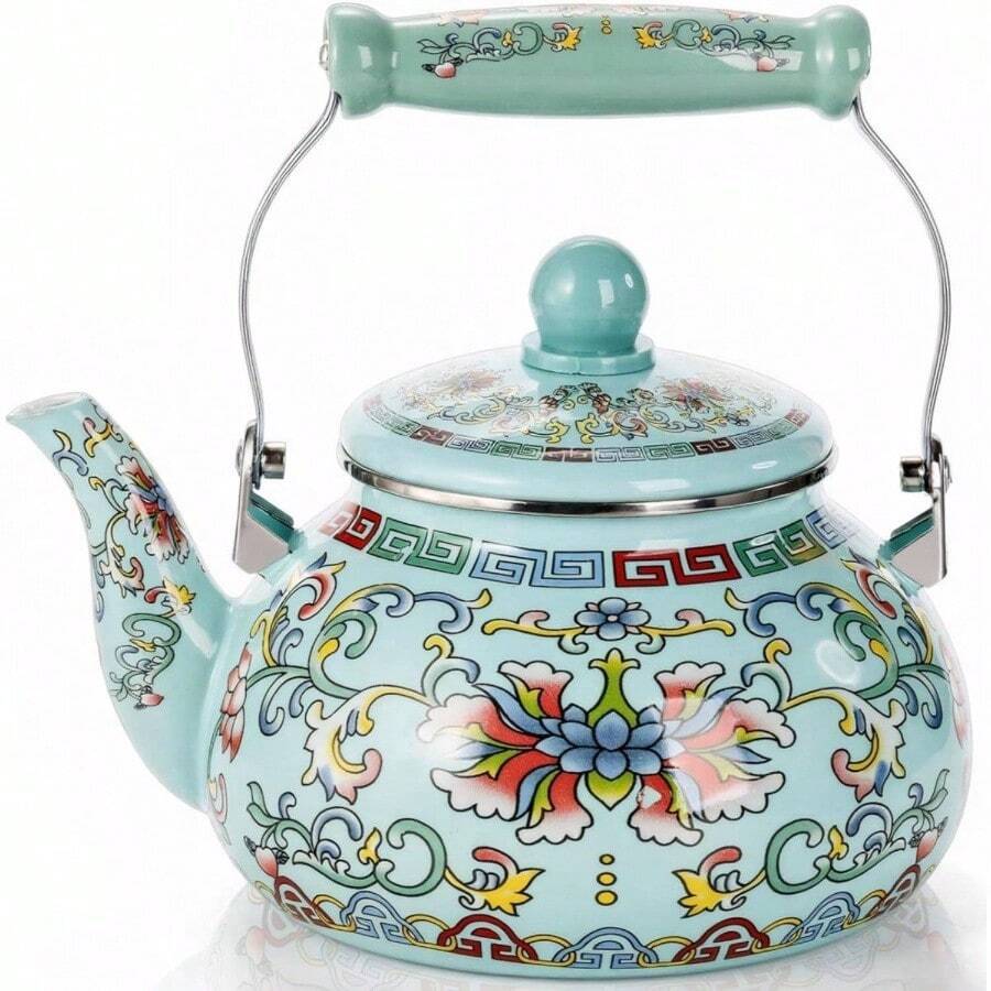2.6 Quart Floral Enamel Tea Kettle, Vintage Enameled Teapot Stovetop, Enamel On Steel Coffee Tea Pot With Ceramic Handle, Colorful Hot Kettle Home Kitchen Decor, No Whistling - 綠色 - 查看 1