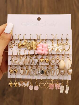 48/36/24/12pcs Cartoon Heart Shaped Earring Set For Women, Pink Bear, Transparent Butterfly, Hollow Heart Design Jewelry Gift, Cute Style For Daily, Vacation, Teenage Girl Gift, Valentine's Day Gift