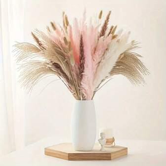 [40pcs Pampas Grass Decor Bundle] Dried Pampas Grass, 40pcs 17 Inch Pampas Grass Decor - 5pcs White Pampas & 5pcs Brown Pampas & 5pcs Pink Pampas & 15pcs Reed Grass & 10pcs Bunny Tail Grass For Home Decor Wedding Boho Decor, Perfect For Winter, New Year
