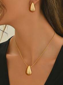 3pcs Elegant Geometric Snake Bone Chain, Teardrop Necklace And Earrings Set, Fashionable Smooth Shiny Tarnish Resistant Hypoallergenic Jewelry For Women, Suitable For Mother's Day, Valentine's Day, Birthday Gifts - Apparel Accessories And Holiday Gifts - Teardrop - View 2