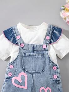 1pc Baby Girls' Outdoor Casual Party Gift Denim Print Washed Slim Fit Jumpsuit Regular Length Pants, Spring/Autumn - Blue - View 9