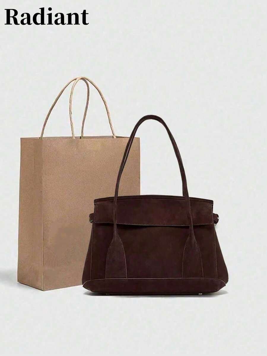 Suede Urban Bag. Comes With A Shoulder Strap. Adjustable Drawstring On The Side, With Metal Buckle. Interior Has A Zipper Pocket. Flap With Magnetic Snap Closure. Suitable For Commuting Or Dating. A Great Gift Item. - Coffee - View 1