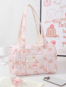 1 Piece Pink Strip Print Boston Bag Foam Quilted Tote Bag Large Capacity Travel Shoulder Bag Cute Cartoon Bear Pattern Shopping Tote Bag  Portable Travel Essentials Storage Bag Multi-Pocket Gym Bag Soft Fabric Cosmetics Storage Bag Fashionable Travel Makeup Handbag Multi-Functional Items Organizer Bag Gym Bag Ladies Accessories Travelling Stuff School Supplies Back To School Gifts Christmas Gift - 粉紅色條紋小熊 - 查看 9