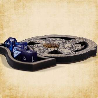 Trä D&D tärningsunderlägg - Rymmer 7 polyedriska tärningar, Klassisk RPG-karaktärsdesign, Speltillbehör, Hållbar, Vattentät, Perfekt present till bordsspelare, Lämplig för barkök, hem