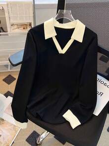 Color Block Casual Crew Neck T-Shirt For Women, Long Sleeve French Style Flattering Slim Fit Polo Collar Top, Autumn - Black - View 2