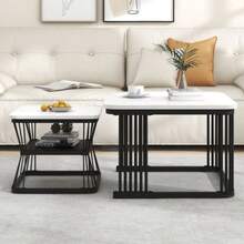 Set Of 2 Modern Side Tables, In Marble-Look MDF, Structure In Glossy Black White Steel Tube, Dimensions Of The 2 Tables: 65 X 65 X 45 Cm And 45 X 45 X 39.5 Cm. - White - View 3