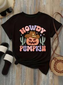 Camiseta de mujer con estampado de calabaza de Halloween, sombrero de vaquero, cactus, texto colorido, camiseta gráfica de calabaza, disponible en negro y blanco, atuendo casual de otoño, de disfraces, tops de verano, camisetas gráficas, atuendos de verano para mujeres, camisetas gráficas, tops cortos para mujeres, tops para mujeres, ropa vintage de algodón, ropa linda de, atuendo de Navidad para mujeres, vestidos elegantes de mujer - Negro - Ver 2