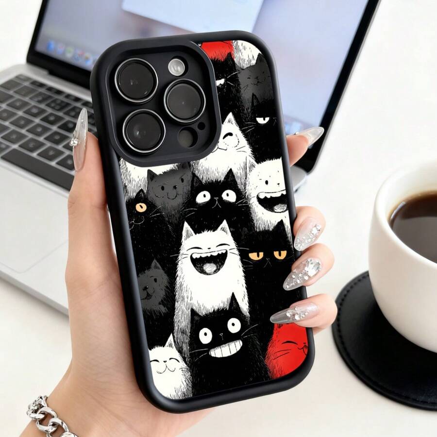 Funda de Teléfono con Patrón de Gato y Texto para  15 Pro Max  14 Pro  13  Galaxy S23 S22 S21 Funda de Protección para Teléfono Regalo de Pareja para Novio Novia Regalo de Vacaciones - Negro - Ver 1