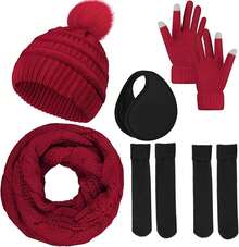Set de Gorro Bufanda de Punto Invierno con Guantes de Pantalla Táctil Orejeras de Cálida Calcetines de Forro Polar 5 en 1 Conjunto - Blanco - Ver 1