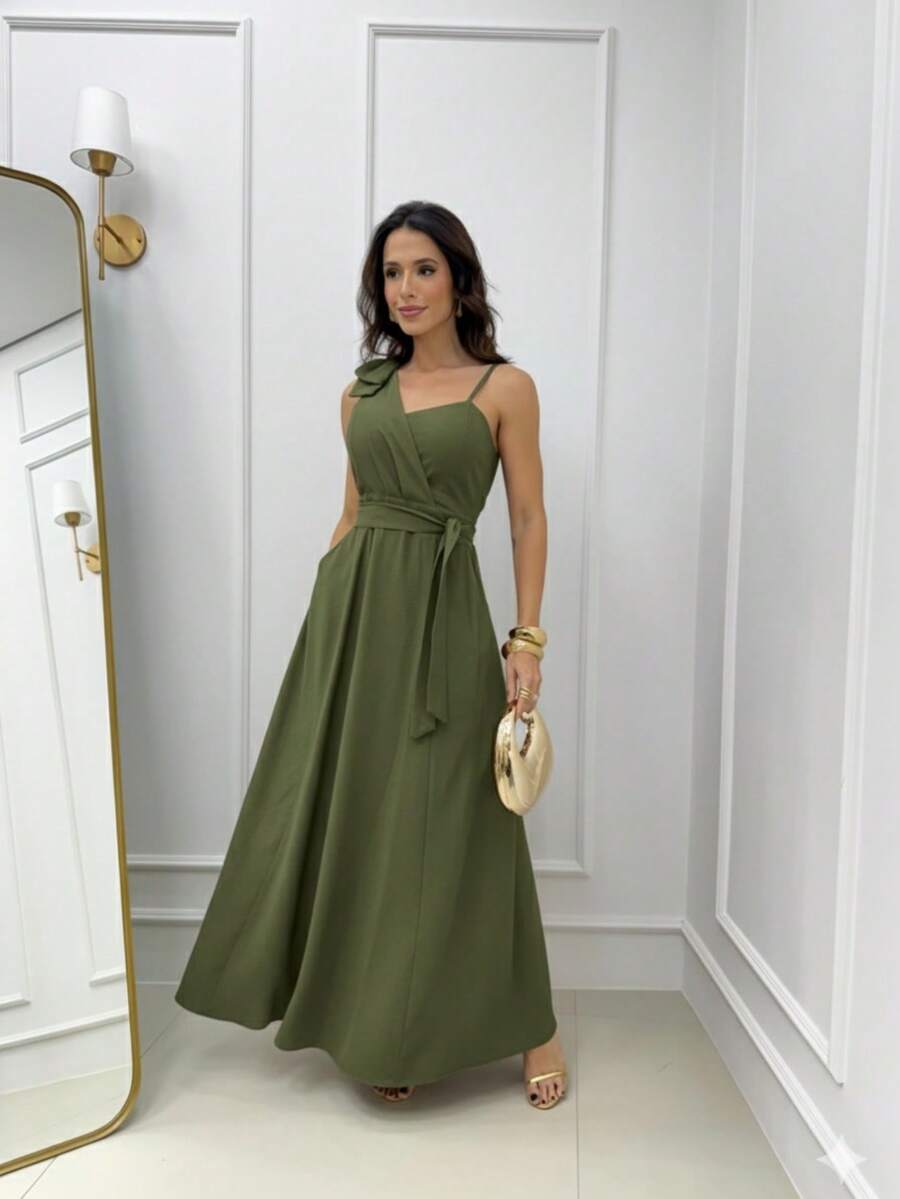 Women's Long Dress With Thin Straps, Tie Back, Sleeveless, Elegant, Chic Party Dress For Weddings, Graduations, Bridesmaids, Modest Fashion, Padded Cups. - 墨綠色 - 查看 1