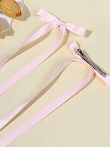 2个简约百搭蝴蝶结长丝带发夹，爪夹，发卡，发夹，女士发饰，头部饰品 - 粉色 - 查看 3