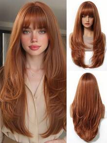 26 Inch Red Brown Copper Ginger Long Curly Wigs For Women, Gorgeous Fluffy Wigs Hair With Bangs Synthetic Wigs For Party Daily Use - Rỉ Nâu - Xem 6