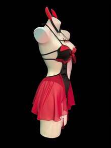 "Little Devil" Sexy Role Play Costume, Halloween Suit, Black Suit, Jumpsuit, Vampire Combat Robe, Pure Desire Underwear Jumpsuit, Suitable For Women's Date - 紅色 - 查看 5
