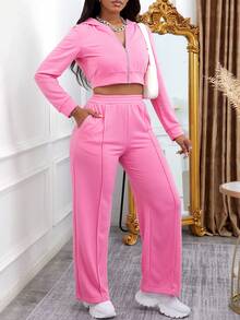Conjunto Deportivo Rosa Claro con Chaqueta Corta de Capucha y Pantalón Alto Ajustado - Estilo Moderno y Cómodo para Mujer, Outfit Casual o Gimnasio - Rosa Fucsia - Ver 1