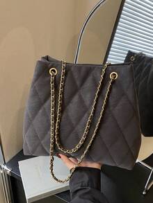 大容量时尚手提包，加厚绗缝刺绣，柔软舒适，冬季链条肩带斜挎包，女士款 - 咖啡 - 查看 3