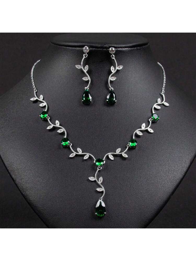 3 Pieces/Set Luxury Elegant Branch Cubic Zirconia Necklace Niche Fashion Colorful Treasure Cubic Zirconia Jewelry Set For Daily Wear Or Dating Party Jewelry