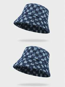 1pc New Arrival Fashionable Minimalist Checkerboard Pattern Wide Brim Camping Fishing Sun Hat, Stylish Korean Chic All-Season Casual Versatile Bucket Hat, Blue - Multicolor - View 14