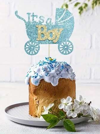 1个蓝色闪光性别揭晓蛋糕装饰插牌 - “It's A Boy”字母设计，适用于生日派对和性别揭晓蛋糕装饰用品