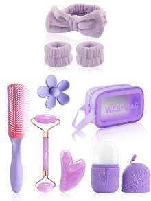 3/5/9/10pcs/Set Women Facial Cleansing & Hair Accessory Tool Kit, Including Headband, Sweatband, Roller, Gua Sha Board, Ice Pack, Comb, Hair Clips, Storage Bag, Convenient Home & Travel Skincare & Styling Tools, Claw Clips, Hair Tool Kit