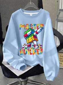 青少年男孩休闲简约酷炫积木机器人图案套头衫圆领长袖毛衣秋冬新款男童衣服儿童 - 藍色 - 查看 3