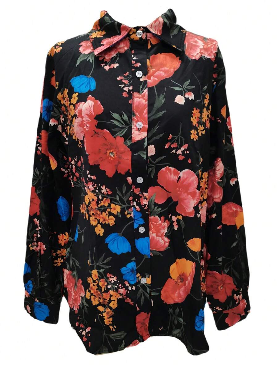 Elegant Floral Print Button Front Shirt Blouse, Women Long Sleeve Top ...