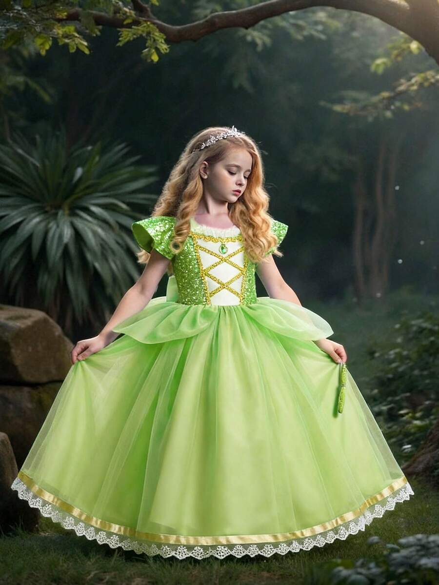 Young Girls Purple Sequin Cap Sleeve Mesh Princess Dress, Suitable For Parties - Green - View 1