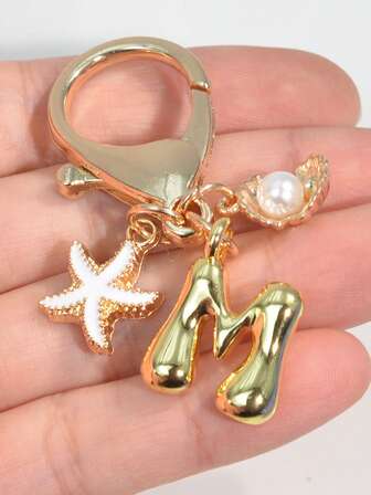 1pc English Alphabet Bubble Initial Keychain, Minimalist Starfish Shell Pearl Pendant Keyring, Decorative Accessory For Bags, Unisex Gift