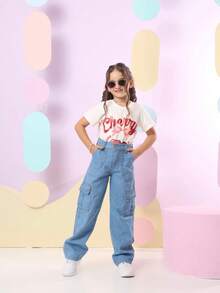 Girls' Wide Leg Cargo Jeans With Pockets - 中等水洗藍 - 查看 6