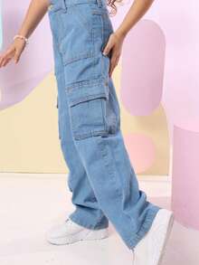 Girls' Wide Leg Cargo Jeans With Pockets - 中等水洗藍 - 查看 12