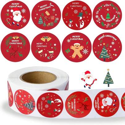 500 张圣诞快乐贴纸，1 英寸圆形圣诞标签卷，自粘圣诞老人、驯鹿、雪人、圣诞树贴纸用于礼品包装、烘焙包装、糖果和信封圣诞装饰品圣诞装饰圣诞礼物圣诞包装纸圣诞派对用品圣诞礼品袋圣诞袋圣诞贴纸圣诞节圣诞装饰品圣诞睡衣圣诞礼物圣诞装饰