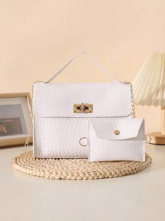 Taş Dokulu Küçük Kare Çanta Kilitli Zincir Omuz/Çapraz Çanta