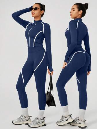 NcmRyu 1pc Women Elastic Mock Neck Contrast Stripe Zip Design Long Sleeve Tracksuit