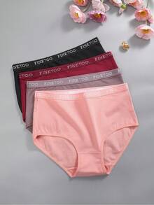 4条/套纯棉纯色罗纹字母腰带性感舒适高腰女士内裤，适合情人节、节日、日常运动、春夏穿着。 - 彩色 - 查看 4