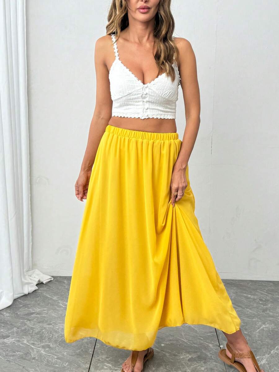 Plus Size Fashionable Loose Print Versatile Elegant Vacation Skirt - Màu vàng - Xem 1