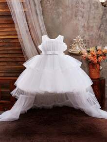 Girls' Elegant Bowknot Tulle Trailing Puff Dress, Suitable For Birthday Party, Banquet, Does Not Include Headband - White - View 2