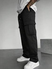 男士大码多口袋工装裤，舒适休闲宽松版型，适合户外、日常穿着、通勤、徒步、健身、跑步等各种场合，百搭直筒裤型，秋冬季必备 - 黑色 - 查看 1