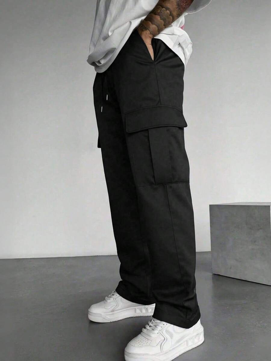 男士大码多口袋工装裤，舒适休闲宽松版型，适合户外、日常穿着、通勤、徒步、健身、跑步等各种场合，百搭直筒裤型，秋冬季必备 - 黑色 - 查看 1